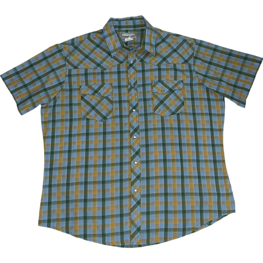 Vtg Wrangler Western Pearl Snap Shirt Men XL Blue Green Yellow Plaid SS